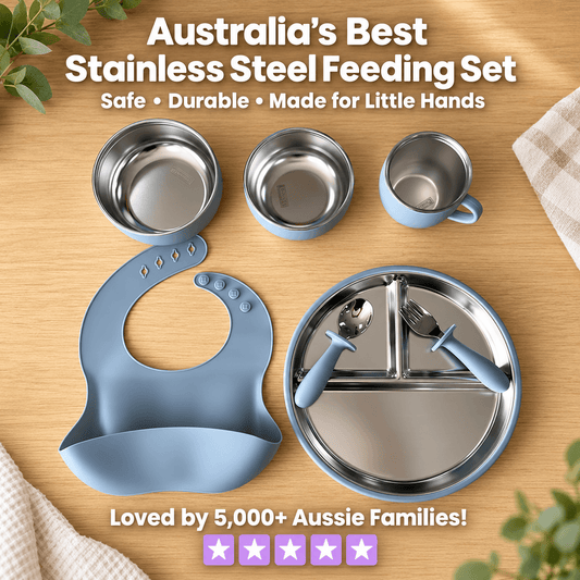Stainless steel baby feeding set with divided plate, bowls, cup, easy-grip cutlery and silicone bib