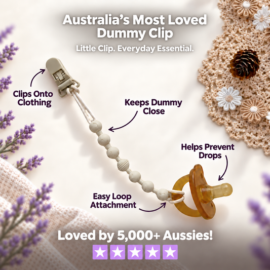 Chewzit silicone dummy clip in cream, showing the clothing clip, beaded cord and loop attachment
